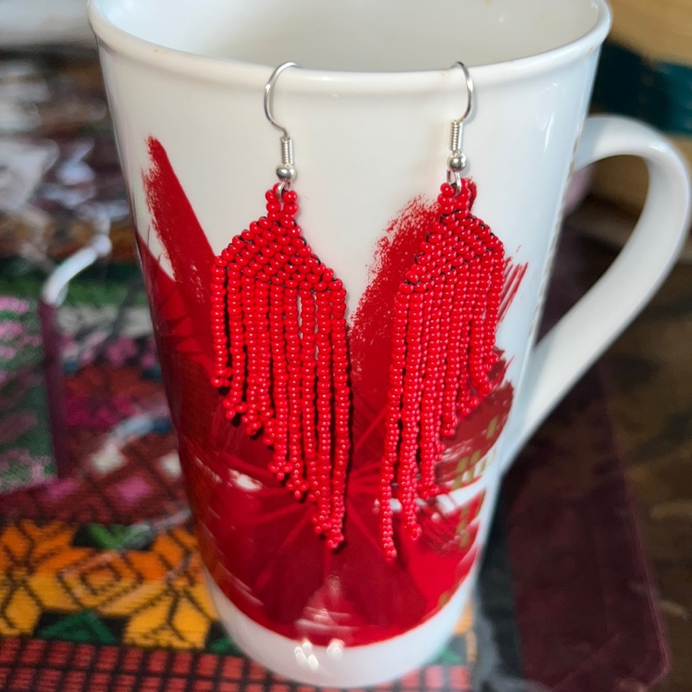 Bohemian Red Dangle Beaded Earrings asymmetrical hand crafted 2 inches long